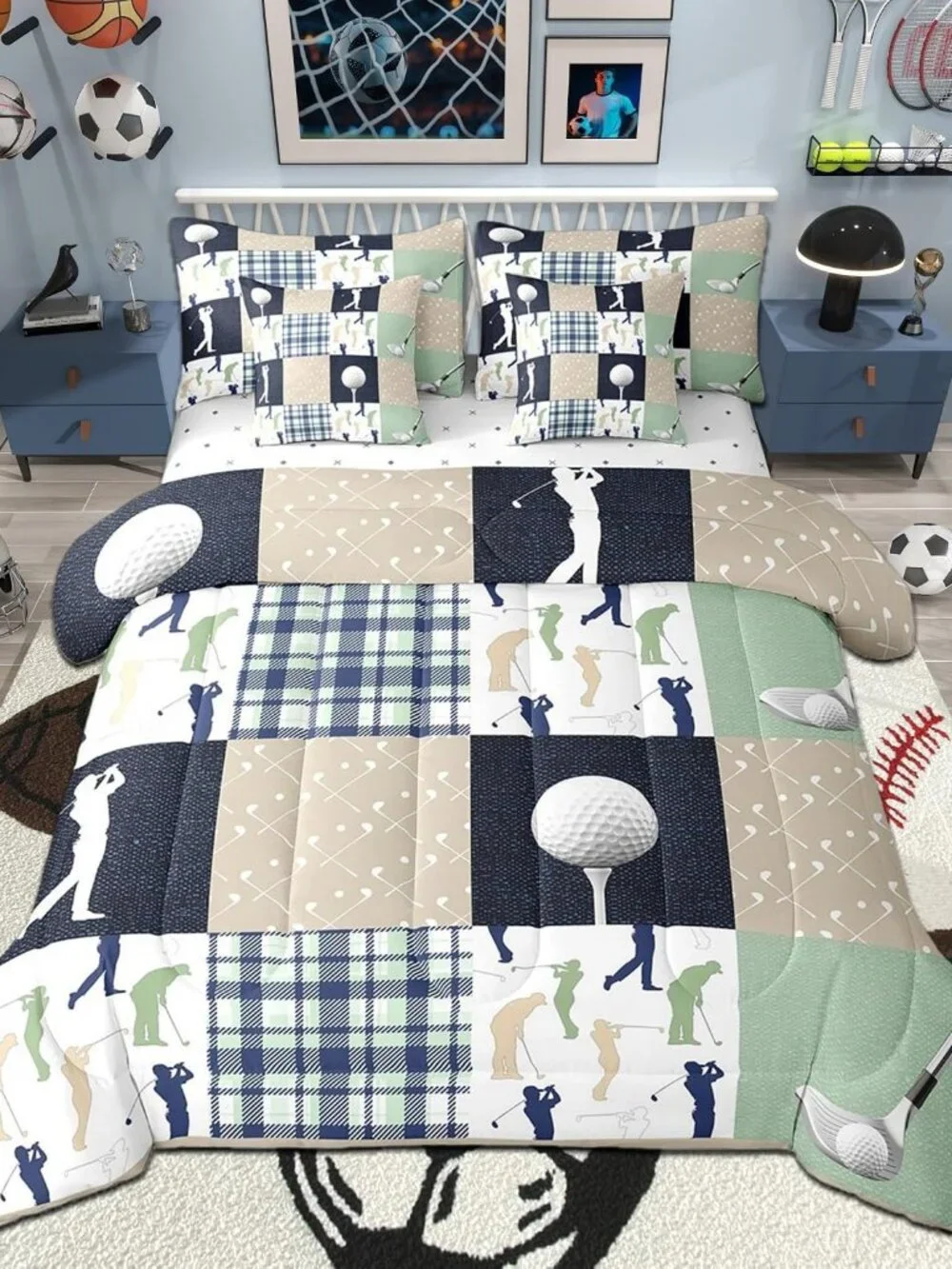 Golf Plaid Kids Comforter Set 7 Piece Twin Size,Ball Sports Lover Style Checkere